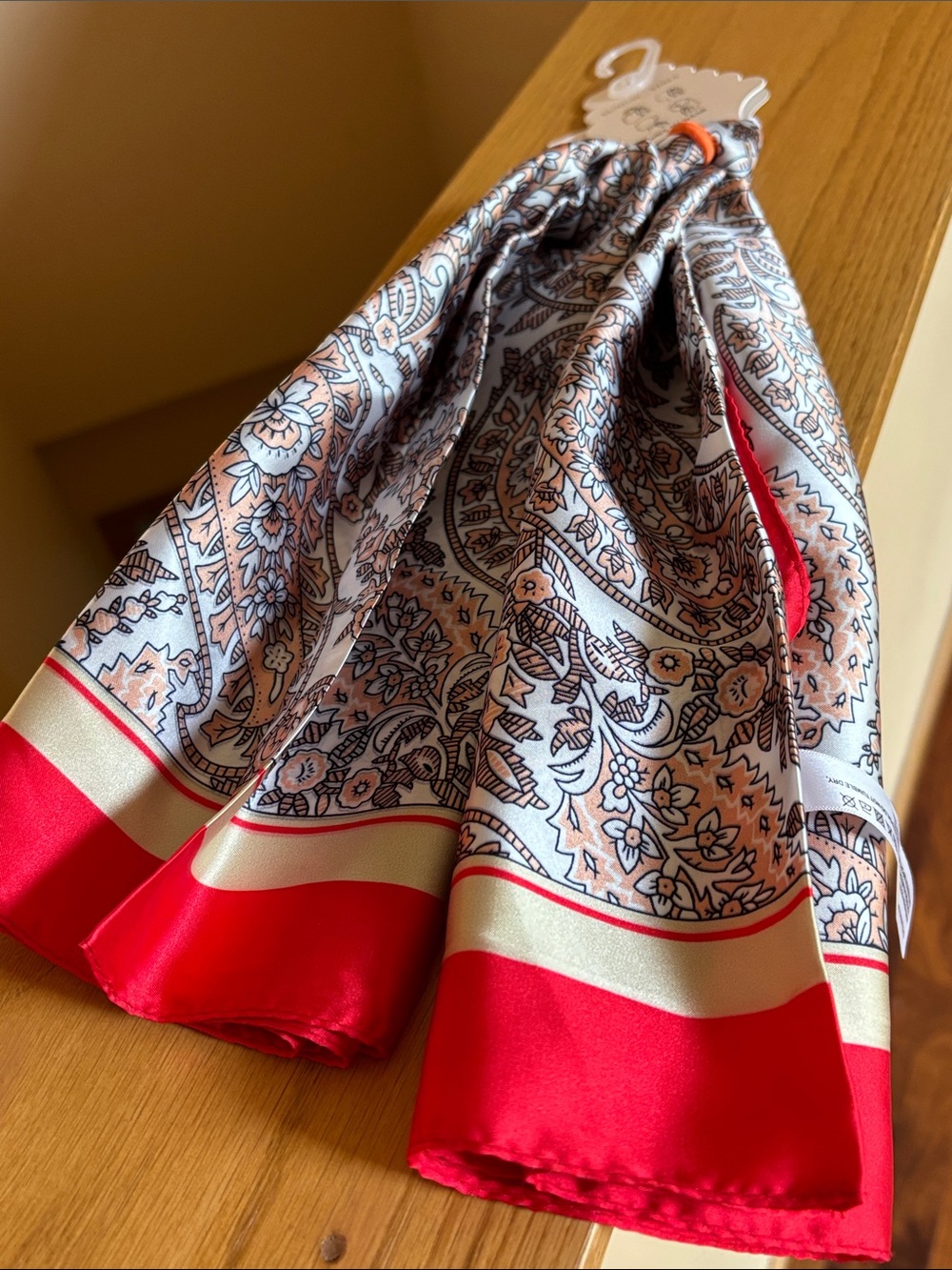 NWT Sunday State Scarf, Red/Cream/White/Pale Orange/Black, 26.8x26.8”, Gorgeous